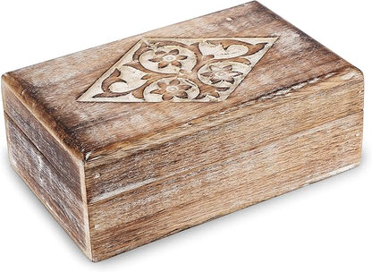 Ajuny Wooden Jewelry Box floral and Diamond Carvings Handmade Decorative Brown and White Storage Box Multipurpose Organizer Trinket Holder Case Unique Gifts for Men & Women