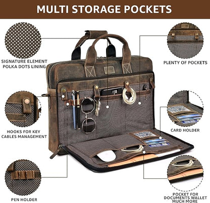 LEATHER VILLAGE 18" Leather Laptop Messenger Briefcase Bag for Men-Leather Satchel for Travel and Office Shoulder Bag-Rustic Brown