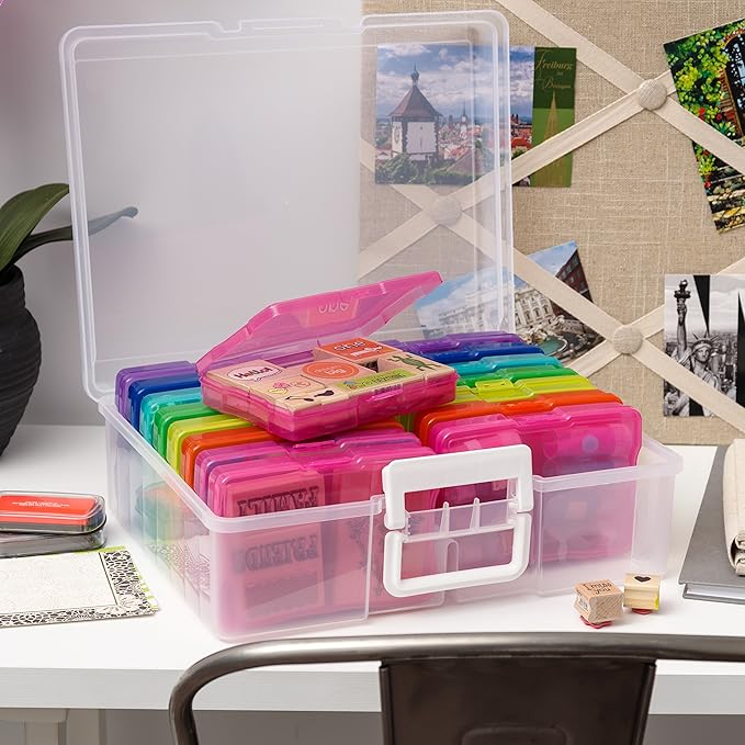 IRIS USA 4" x 6" |Made in USA| Photo Organizers and Picture Storage Box with Handle, 16 Inner Cases/Containers for Tasks, Stickers, Ephemera, & Flashcards - Clear/Multi-Color