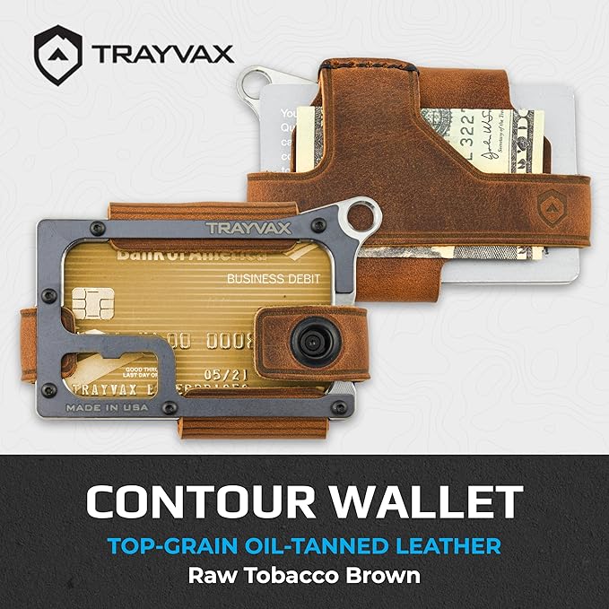 Trayvax Contour Wallet, RFID Front Pocket Money and Credit Card Holder, Minimalist Slim Leather Metal Wallet for Men and Women, Raw Tobacco Brown