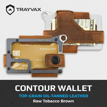 Trayvax Contour Wallet, RFID Front Pocket Money and Credit Card Holder, Minimalist Slim Leather Metal Wallet for Men and Women, Raw Tobacco Brown