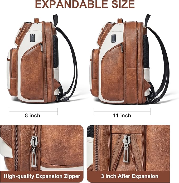 Vegan Leather Backpack, 40L Expandable, TSA Travel Backpack for Men and Women, Fits 17.0 Inch Notebook with USB Port and Luggage Strap, Beige