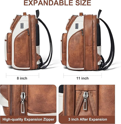 Vegan Leather Backpack, 40L Expandable, TSA Travel Backpack for Men and Women, Fits 17.0 Inch Notebook with USB Port and Luggage Strap, Beige