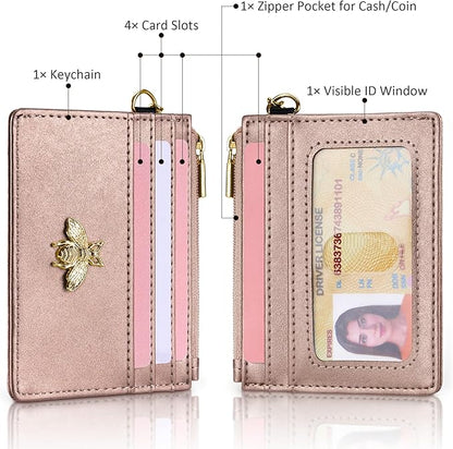 SEAVILIA Card Holder Keychain Wallet for Women with ID Window RFID Coin Purse Bee Gifts Slim Minimalist Small Wallet