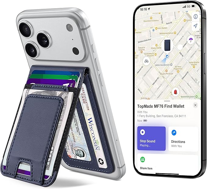 TopMade for MagSafe Wallet with Money Clip, Works with Apple Find My, Strong Magnetic Wallet for iPhone 17/16/15/14/13/12 Series, for iPhone Wallet Stand with Finder Tracker, 8 Cards Holder, Navy Blue