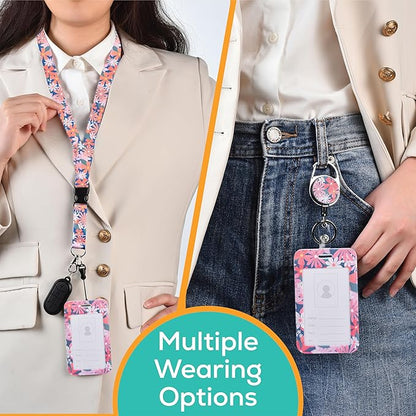 Will Well ID Badge Holder with Retractable Lanyard, Retractable Badge Reel Nylon Lanyard & Vertical ID Card Holder with 1 Card Slot Key Chain for Men & Women - Floral Print