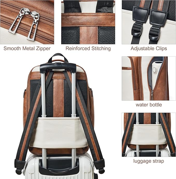 Vegan Leather Backpack, 40L Expandable, TSA Travel Backpack for Men and Women, Fits 17.0 Inch Notebook with USB Port and Luggage Strap, Beige