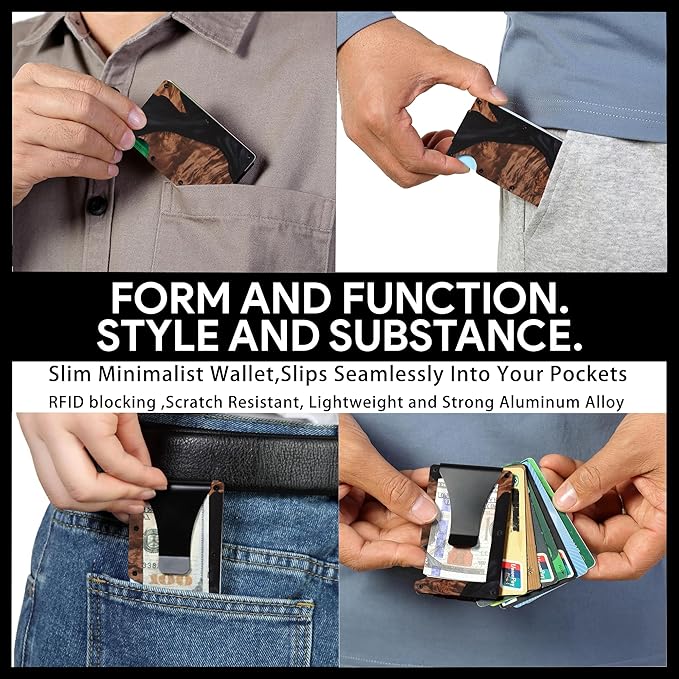 Slim Wallet for Men,RFID Blocking Minimalist Metal Wallet, Money Clip/Cash Holder, Front Pocket Aluminum Credit Card Holder, Ideal Gift for Men,Resin Black Wood