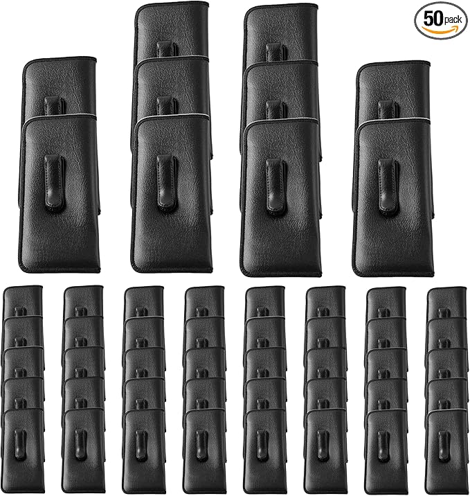 Calabria Soft Slip-In Glasses Case with Pocket Metal Clip Black for Men/Women Synthetic Leather Felt Lining 6.5"x3" - 50PACK