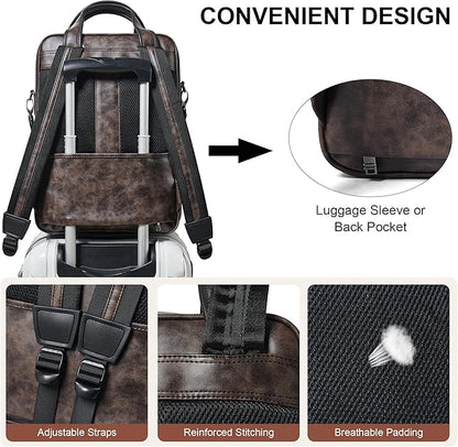 Shrrie Laptop Backpack for Women and Men, 15.6 Inch Vegan Leather Computer Backpack Professional Water-Resistant Casual Daypack for Work Business College Travel Office,Two-toned Coffee