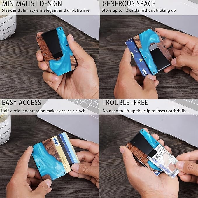 Minimalist Slim Wallet for Men,RFID Blocking Metal Wallet,Aluminum Credit Card Holder & Money Clip 12-15 Cards,Slim Rfid Front Pocket Mens Wallet,Resin Light Blue
