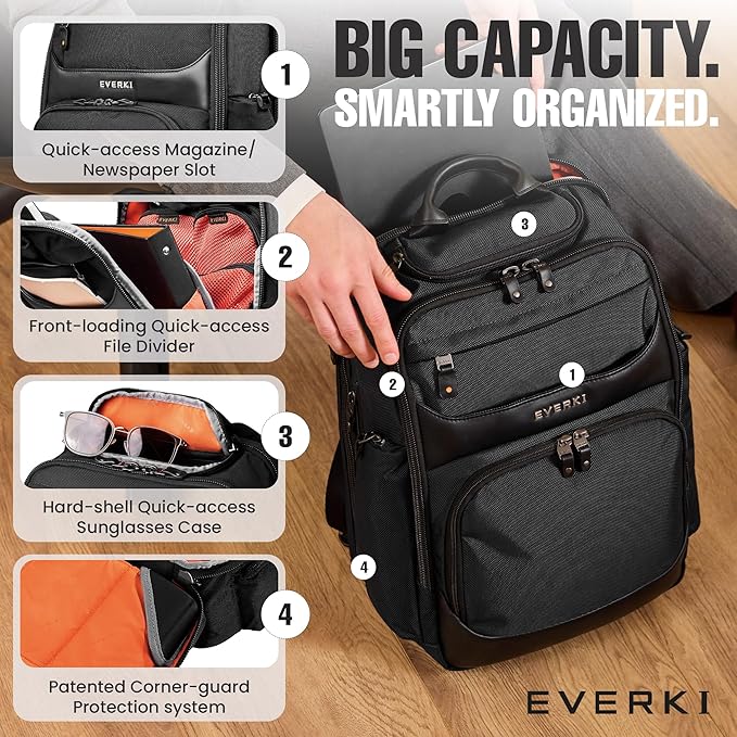 EVERKI Onyx 25L Business Laptop Backpack – Professional Travel Backpack for Men & Women, Laptop Bag with Premium Leather Ballistic & Nylon, Office & Flight Approved, Fits Laptops up to 15.6” - Black