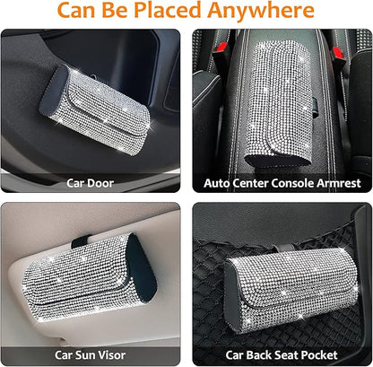 Accmor Bling Sunglasses Holder for Car Sun Visor, Sparkling Eyeglasses Car Visor Clip Storage Glasses Organizer Case, PU Leather Auto Sunglass Holder Protective Box for Truck, SUV, RV (White)