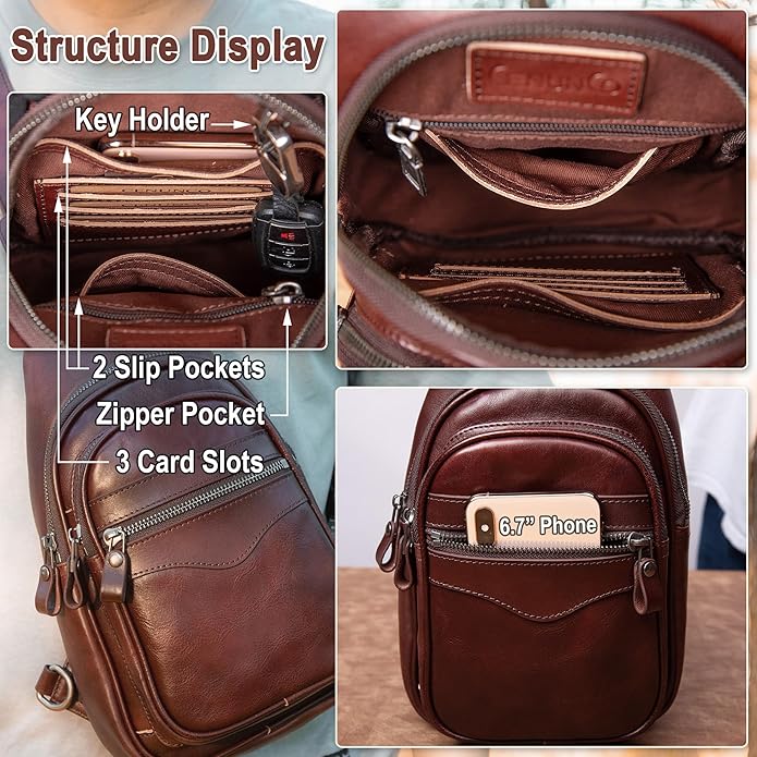 Genuine Leather Sling Bag for Men and Women Crossbody Shoulder Bag Sling Backpack Chest Purse Carry on Casual Daypack | Genuine Leather, Shoulder Bag, Carry on, Casual, Daypack