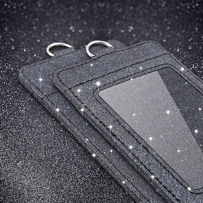 PU Leather ID Badge Holder, Life-Mate ID Badge Holder with 1 Clear ID Window 1 Credit Card Slot and PU Leather Lanyard for Badge Credit Cards College ID Cards in Glitter Black