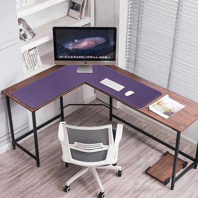 Mydours L Shaped Desk Mat, (38"+38) x 13" Large PU Leather Corner Desk Pad Blotter, XXL Large Waterproof Gaming Mouse Pad, L Shaped Mouse Pad for Computer Keyboard Home Office (Purple)