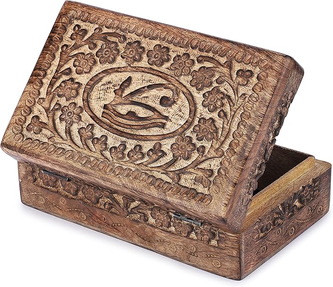Ajuny Wooden Hand Carved Decorative Jewelry Box Eye of Truth Carvings Vintage Keepsake Storage Organizer Travel Treasure Chest Trinket Holder Case Great Gifts 8x5 Inch
