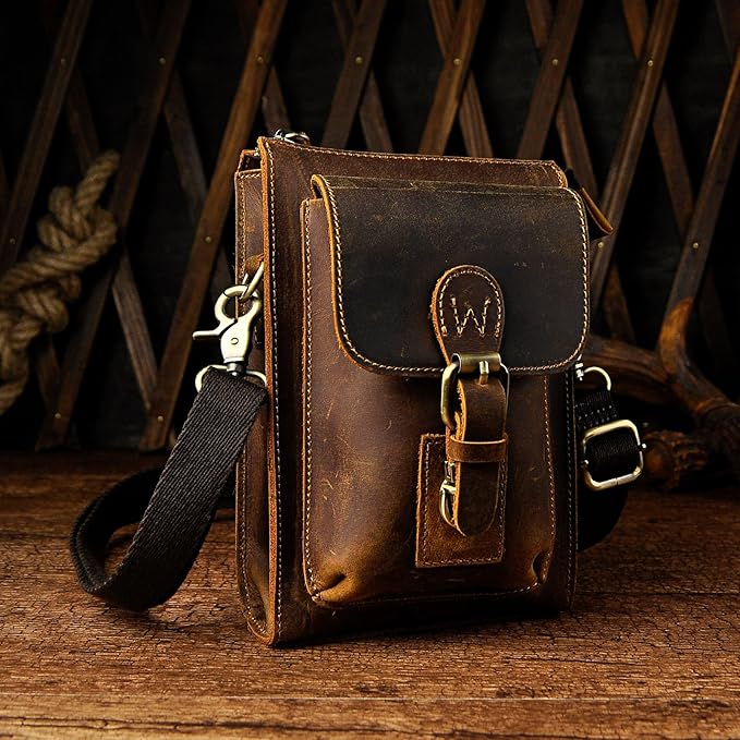 Le'aokuu Mens Genuine Leather Small Messenger Shoulder Satchel Phone Pouch Belt Waist Bag Pack