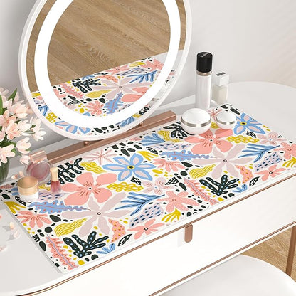 QiyI Floral Large Mouse Pad, Cute Desk Mat for Desktop, Women Girls Desk Accessories Office Décor, PU Leather Waterproof Big Gaming Mousepad, Doodle Flowers Desk Pad Computer Mat, 31.5" x 15.7"