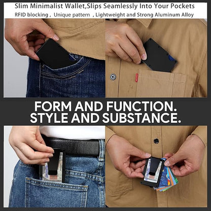 Minimalist Carbon Fiber Wallet for Men, Money Clip Cash Strap Wallet, RFID Blocking Metal Wallet Aluminum Card Holder,Front Pocket Wallet(Matte Black)