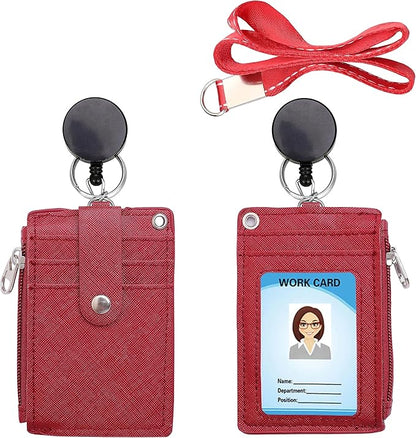 【2025 Latest】 Cute ID Badge Holder Retractable Lanyard Reel Clip with Heavy Duty Carabiner, 5 Card Slots in 2 Sided with Key Ring and Zipper for Women Students Teens Girls Office Staff (Red)