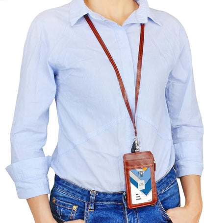 Badge Holder with Zip, Wisdompro 2-Sided Vertical Style PU Leather ID Badge Holder with 1 ID Window, 4 Card Slots, 1 Side Zipper Pocket and 1 piece 20 Inch PU Neck Lanyard Strap - Brown