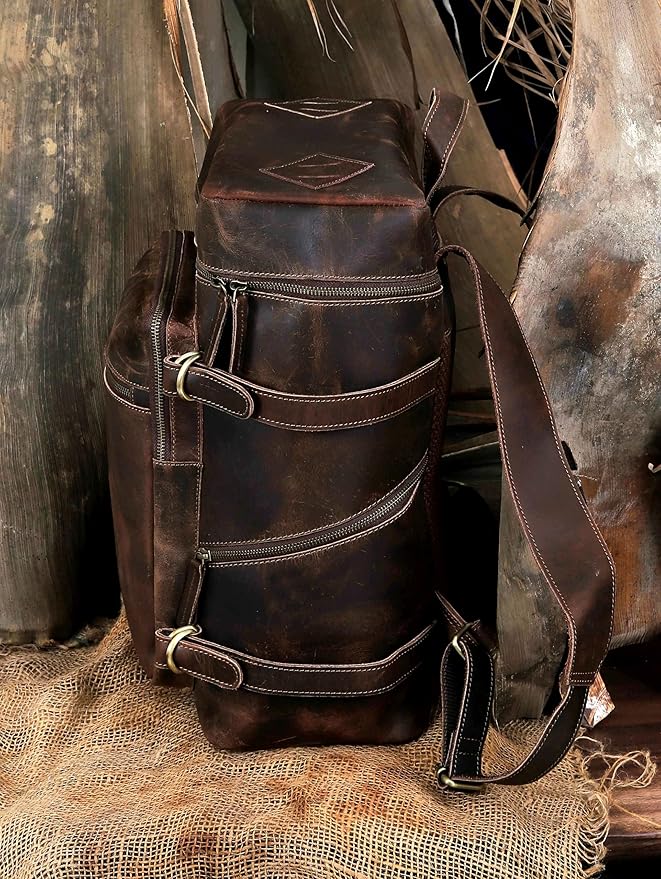 HLC Leather Backpack Genuine Laptop Rucksack For Men Women Genuine Large Capacity Business Retro Travel Camping Daypack Bag (Brown)