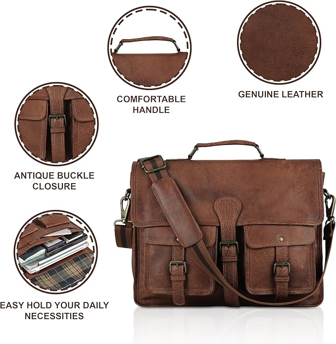 Leather briefcase 18 inch laptop messenger bag for men and women best satchel office bag