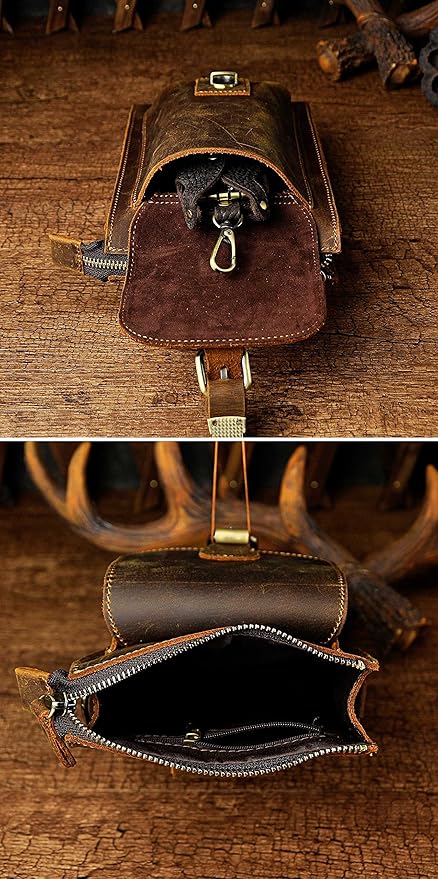 Le'aokuu Mens Genuine Leather Small Messenger Shoulder Satchel Phone Pouch Belt Waist Bag Pack
