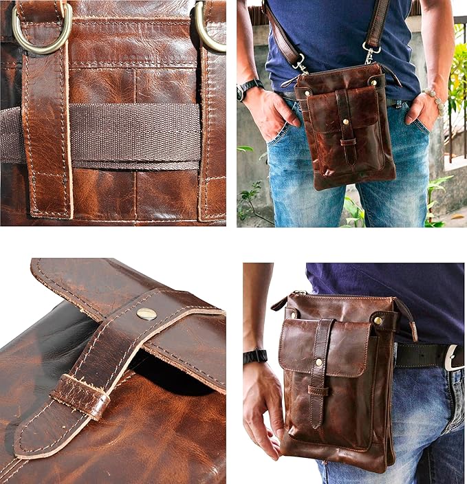 Le'aokuu Mens Genuine Leather Fanny Small Messenger Shoulder Satchel Waist Bag Pack 8711