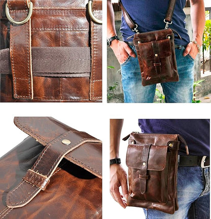 Le'aokuu Mens Genuine Leather Fanny Small Messenger Shoulder Satchel Waist Bag Pack 8711