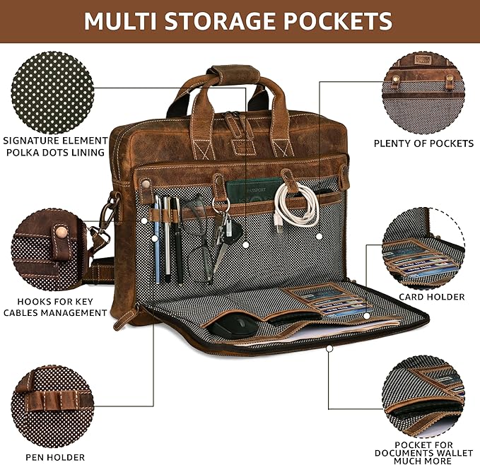LEATHER VILLAGE 16" Leather Laptop Messenger Briefcase Bag for Men-Leather Satchel for Travel and Office Shoulder Bag- Sun Tan Brown