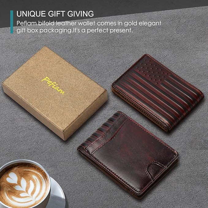 Pefiam Full Grain Leather Wallets for Men, Bifold Wallets for Men, Mens Leather Wallets with 12 Slots, RFID Blocking, Gifts for Men (USA Flag, Red)