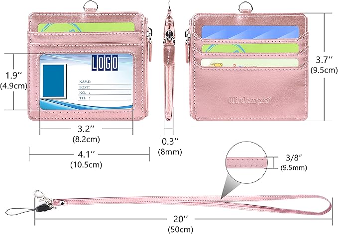 Badge Holder with Zip, Wisdompro 2-Sided PU Leather ID Badge Holder with 1 ID Window, 4 Card Slots, 1 Side Zipper Pocket and 1 piece 20 Inch Leather Neck Lanyard Strap - Rose Gold (Horizontal)