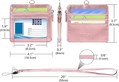 Badge Holder with Zip, Wisdompro 2-Sided PU Leather ID Badge Holder with 1 ID Window, 4 Card Slots, 1 Side Zipper Pocket and 1 piece 20 Inch Leather Neck Lanyard Strap - Rose Gold (Horizontal)