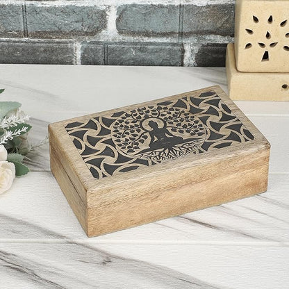 Ajuny Handmade Wooden Keepsake Box Buddha Tree Desgin Memory Box Vintage Decorative Jewelry Storage Treasure Chest Gift Idea for Men & Women (8x5 Inch)