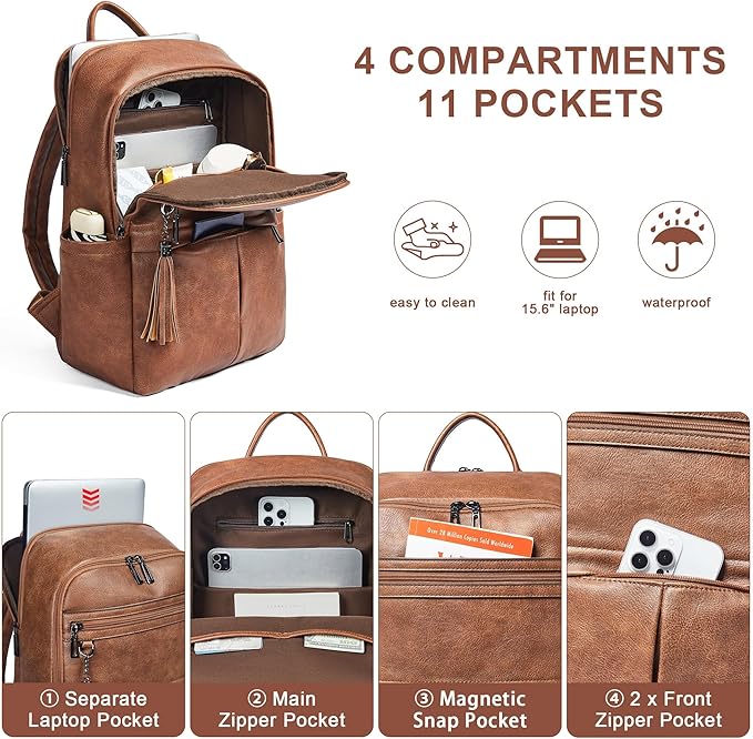Leather Laptop Backpack for Women, 15.6" Causal Daypack Backpacks Purse Computer Backpack with Laptop Compartment for Travel Work College Business, Brown