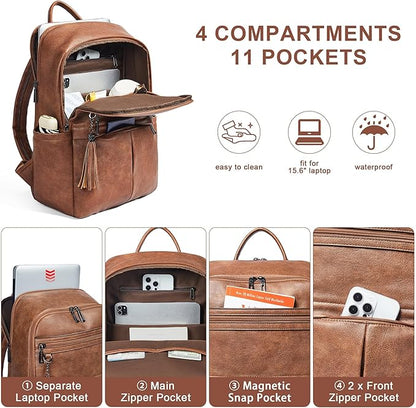 Leather Laptop Backpack for Women, 15.6" Causal Daypack Backpacks Purse Computer Backpack with Laptop Compartment for Travel Work College Business, Brown