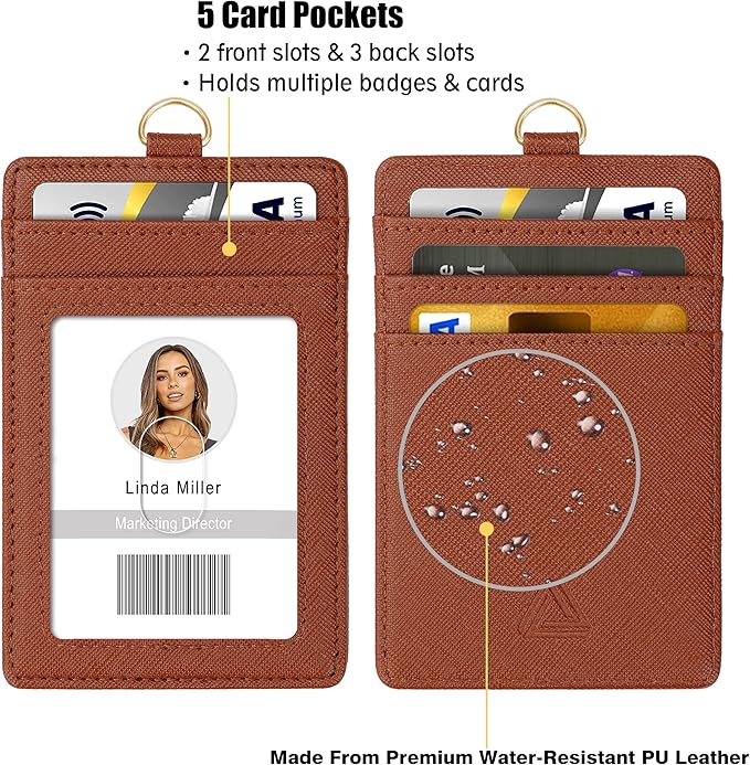 ID Badge Holder with Lanyard, Vertical PU Leather ID Badge Card Holder with 1 Clear ID Window, 4 Credit Card Slots and a Detachable Neck Lanyard (Brown)