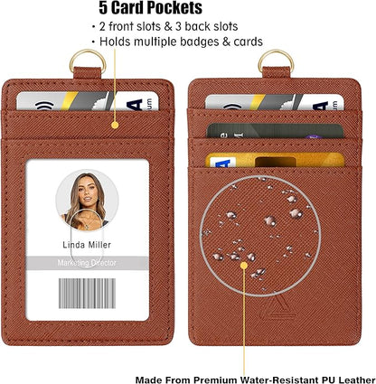ID Badge Holder with Lanyard, Vertical PU Leather ID Badge Card Holder with 1 Clear ID Window, 4 Credit Card Slots and a Detachable Neck Lanyard (Brown)