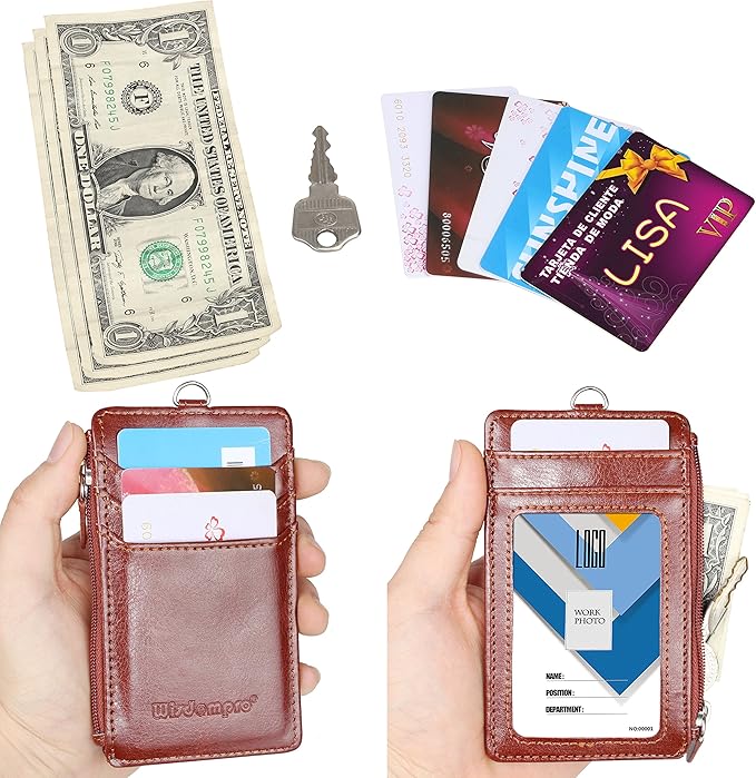 Badge Holder with Zip, Wisdompro 2-Sided Vertical Style PU Leather ID Badge Holder with 1 ID Window, 4 Card Slots, 1 Side Zipper Pocket and 1 piece 20 Inch PU Neck Lanyard Strap - Brown