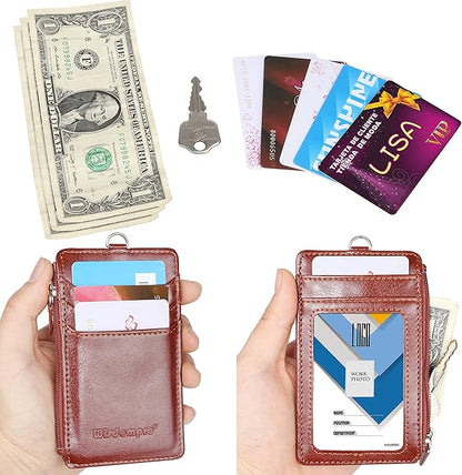 Badge Holder with Zip, Wisdompro 2-Sided Vertical Style PU Leather ID Badge Holder with 1 ID Window, 4 Card Slots, 1 Side Zipper Pocket and 1 piece 20 Inch PU Neck Lanyard Strap - Brown