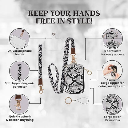 MONDO DESIGNS 2-in-1 ID Badge Holder & Lanyard Wallet - Multi-Use Womens Small Wallet with Removable Wristlet & Neck Lanyard, Clear Window, 5 Card Slots, Phone Holder, Ring Keychain - White Snake