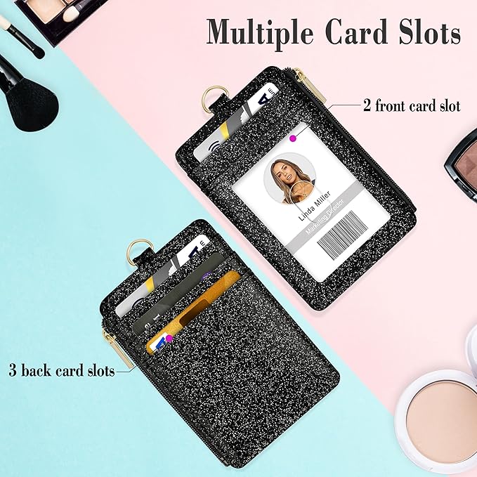 ID Badge Holder with Lanyard, Vertical Bling Shiny ID Badge Card Holder with 1 Clear ID Window, 4 Credit Card Slots, 1 Cash Coin Slot and a Detachable Neck Lanyard (Bling Black)