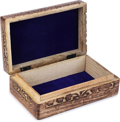 Ajuny Wooden Hand Carved Decorative Jewelry Box with Star Circle Carvings Vintage Keepsake Storage Organizer Travel Treasure Chest Trinket Holder Case Great Gifts 8x5 Inch
