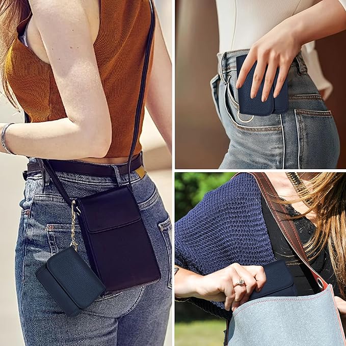 Women Small Wallet RFID Blocking Slim Wallet with Coin Pocket Tri-Fold Credit Card Holder with ID Window and Keychain(Navy Blue)