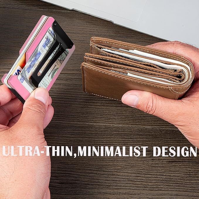 Minimalist Slim Wallet for Men,RFID Blocking Metal Wallet,Aluminum Credit Card Holder & Money Clip 12-15 Cards,Slim Rfid Front Pocket Mens Wallet.Matte Pink