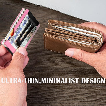 Minimalist Slim Wallet for Men,RFID Blocking Metal Wallet,Aluminum Credit Card Holder & Money Clip 12-15 Cards,Slim Rfid Front Pocket Mens Wallet.Matte Pink