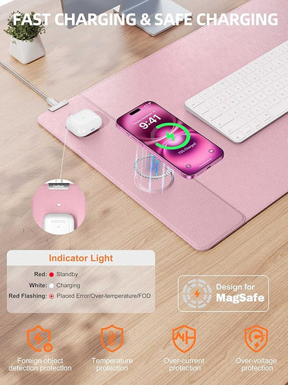 TopMade Mouse Pad with 15W Wireless Charging, XXL Large Leather Desk Mat, Waterproof Gaming Mousepad Home Office Desk Pad Protector, Computer Keyboard Pad, Mouse Mat for MacBook, PC, Laptop, Pink