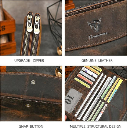 Genuine Crazy Horse Leather Travel Gift Coin Pocket Card Case Long Organizer Chain Rfid Wallet Purse With Snap For Men Male 1803 1815 (1803 Silver)
